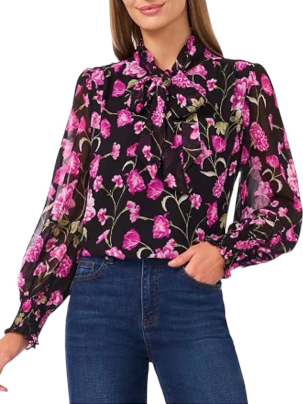 NWT CECE Black Pink Floral Long Sleeve Keyhole Tie Smock Cuff Blouse Size Small